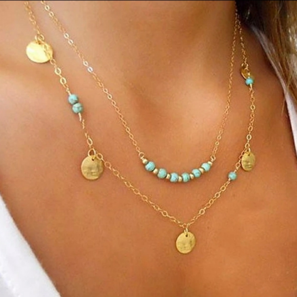 NEW LAYERED TURQUOISE TASSEL NECKLACE